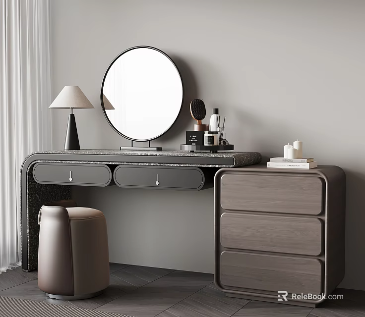 Modern Wooden Dressing Table With Round Mirror Table Lamp Drawers And Stool 3d model