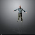 Bald Man Standing in Blue Shirt and Beige Suspenders with Arms Outstretched Against Gray Background