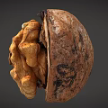Opened Fresh Walnut With Visible Kernel On Dark Background Close Up View