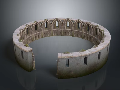 Ancient Circular Stone Building With Arched Windows And Ruined Sections 3d model