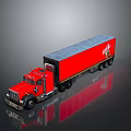 Red Commercial Truck with Red Trailer Gray Roof White Logo on Reflective Surface