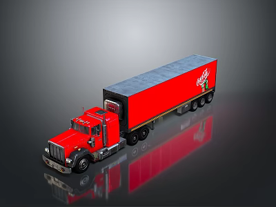 Red Commercial Truck with Red Trailer Gray Roof White Logo on Reflective Surface 3d model