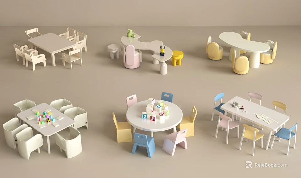 Colorful Kids Table with Various Designs and Matching Chairs for Learning and Playing 3d model 