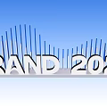 White 3D Text Design for BRAND 2020 with Blue Sky Background and Striped Elements
