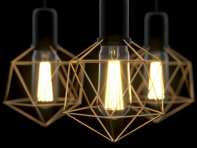 Modern Geometric Metal Wireframe Chandeliers With Vintage Filament Bulbs Glowing Warmly 3d model