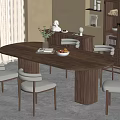 Modern Wooden Oval Dining Table Set With Four Chairs Storage Cabinet And Plant