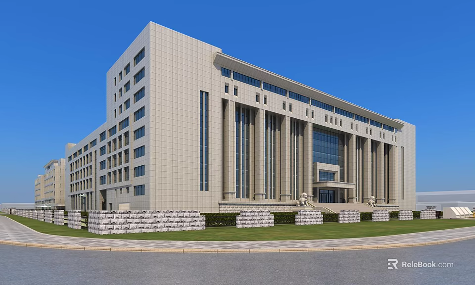 Modern Office Building Exterior With Stone Facade Large Windows Front Columns Lawn And Stone Pavement 3d model 