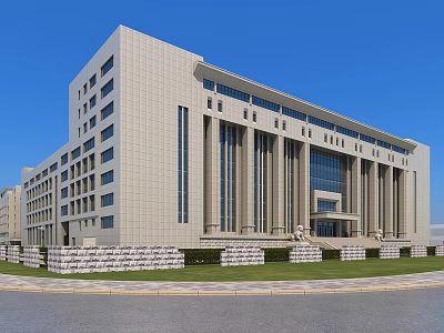 Modern Office Building Exterior With Stone Facade Large Windows Front Columns Lawn And Stone Pavement 3d model