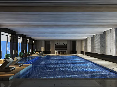 Modern Indoor Swimming Pool Interior With Blue Tiled Surface Lounge Chairs And Large Windows 3d model