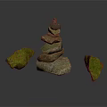 Artistic Balanced Stacked Stones Structure With Natural Green Moss Covered Rocks