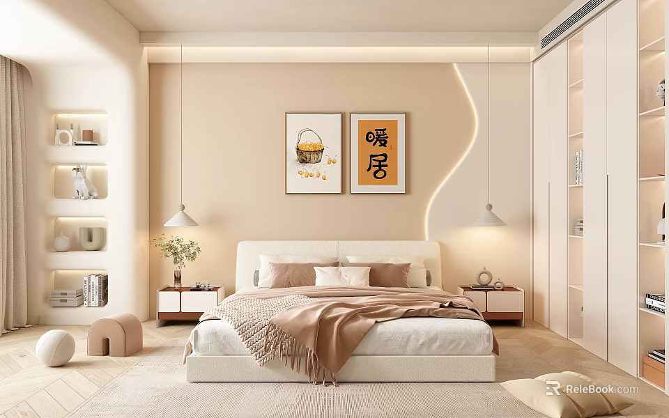 Modern Beige Bedroom With Bed Nightstand Pendant Lights Wardrobe Area Rug And Wall Art 3d model 