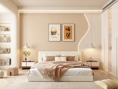 Modern Beige Bedroom With Bed Nightstand Pendant Lights Wardrobe Area Rug And Wall Art 3d model