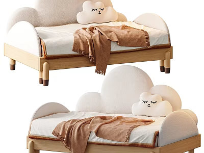 Cloud Shaped Kids Bed With Wooden Legs White Mattress Brown Blanket And Plush Toy 3d model