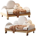 Cloud Shaped Kids Bed With Wooden Legs White Mattress Brown Blanket And Plush Toy