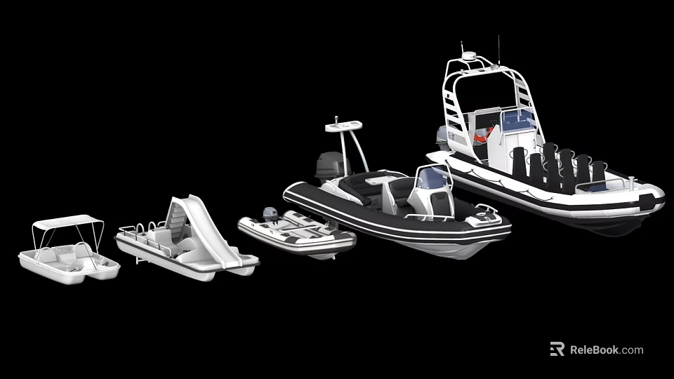 Wooden Boat Display with Various Inflatable and Motor Models in White Black Colors 3d model 