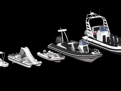 Wooden Boat Display with Various Inflatable and Motor Models in White Black Colors 3d model