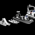 Wooden Boat Display with Various Inflatable and Motor Models in White Black Colors