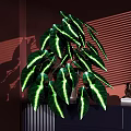Bonsai Potted Plant with Green Leaves White Stripes on Dark Cabinet Red Wall Blind Shadow