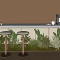 Modern Bar Counter With Brown Wall White Top Pink Stools Coffee Machine And Green Plants