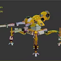 Yellow Mechanical Creature Character With Multi Legged Structure And Weapon 3d model