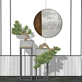 Bonsai Potted Plants On Black Stands With Round Mirror And Striped Wall Decor