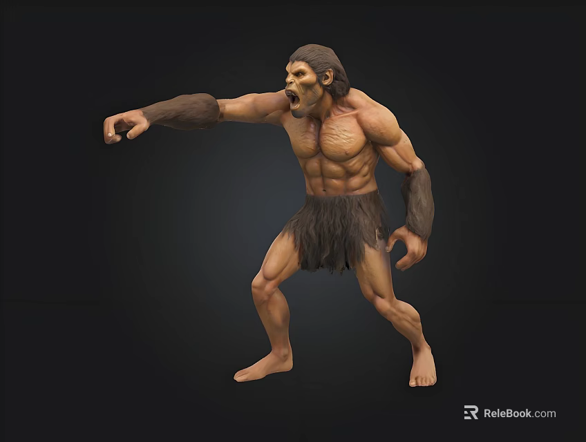 Primitive Human Figure With Muscular Body Fur Clothing Open Mouth And Extended Arm 3d model 