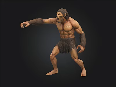 Primitive Human Figure With Muscular Body Fur Clothing Open Mouth And Extended Arm 3d model