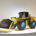 Modern Technology Exhibition Hall Displaying Large Yellow Loader With Blue Wheels