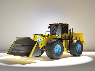 Modern Technology Exhibition Hall Displaying Large Yellow Loader With Blue Wheels 3d model