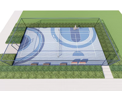 Basketball Court Design With Blue Surface Circular Patterns Fence And Grass Surroundings 3d model