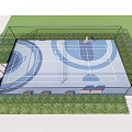 Basketball Court Design With Blue Surface Circular Patterns Fence And Grass Surroundings