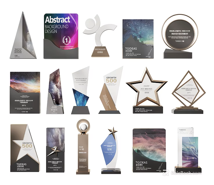 Modern Abstract Trophies and Medals with Star Shaped Circular Designs and Metal Bases 3d model 
