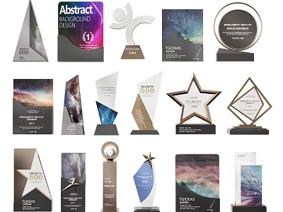 Modern Abstract Trophies and Medals with Star Shaped Circular Designs and Metal Bases 3d model