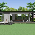 Modern Pergola With Glass Walls Stone Panels Outdoor Fireplace And Trees In Garden Lawn
