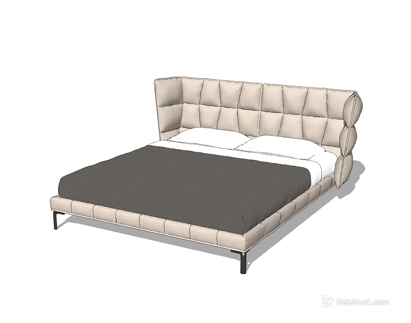 Modern Upholstered Double Bed With Beige Headboard Dark Grey Bedding And Metal Legs 3d model 