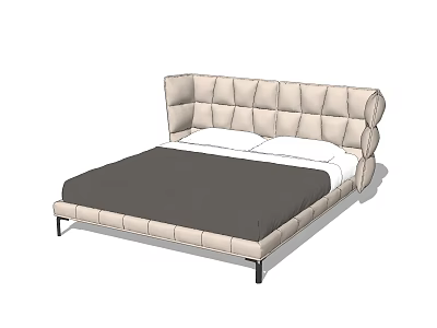 Modern Upholstered Double Bed With Beige Headboard Dark Grey Bedding And Metal Legs 3d model