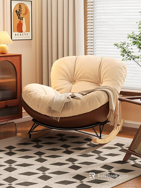 Beige Single Rocking Sofa With Soft Cushion Throw Blanket Near Wooden Cabinet Window And Plant 3d model 