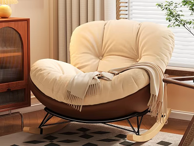 Beige Single Rocking Sofa With Soft Cushion Throw Blanket Near Wooden Cabinet Window And Plant 3d model