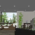 Traditional Tea House Interior Featuring Bamboo Plants Round Tables Cushions Tea Sets And Natural Light