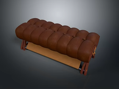 Brown Leather Button Tufted Bench With Wooden Legs And Classic Design 3d model