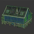 Small Blue House Building on Stilts with Sloped Mossy Roof Skylights and Balcony