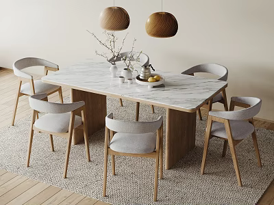 Modern Table and Chair Set With Marble Top Light Grey Seats Wooden Legs and Pendant Lights 3d model
