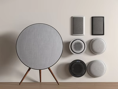 Modern Circular Gray Speaker With Wooden Stand And Multiple Small Wall Mounted Speakers 3d model