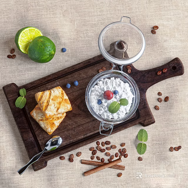 Homemade Yogurt with Berries Mint Leaves and Lime on Wooden Tray Coffee Beans Toasted Bread 3d model 