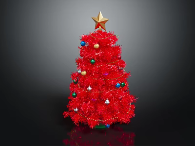 Red Artificial Christmas Tree With Golden Star Top And Colorful Decorative Balls 3d model