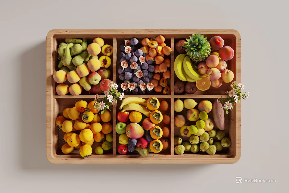 Fresh Assorted Fruits in Wooden Tray with Compartments Featuring Peaches Figs and Pineapple 3d model 