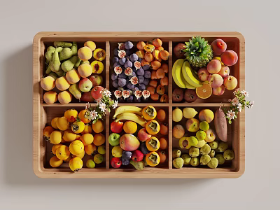 Fresh Assorted Fruits in Wooden Tray with Compartments Featuring Peaches Figs and Pineapple 3d model