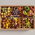 Fresh Assorted Fruits in Wooden Tray with Compartments Featuring Peaches Figs and Pineapple