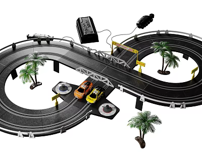Toy Race Track Set With Two Toy Cars Palm Trees And Curved Tracks 3d model