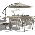 Outdoor Dining Set With Rattan Chairs Wooden Table Umbrella Plant And Tea Set